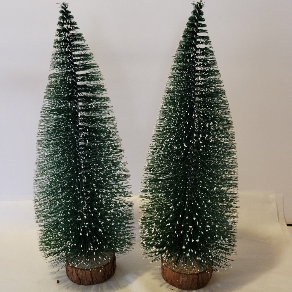 12" tall 2- Green Retro Bottle Brush Christmas Trees with wooden base